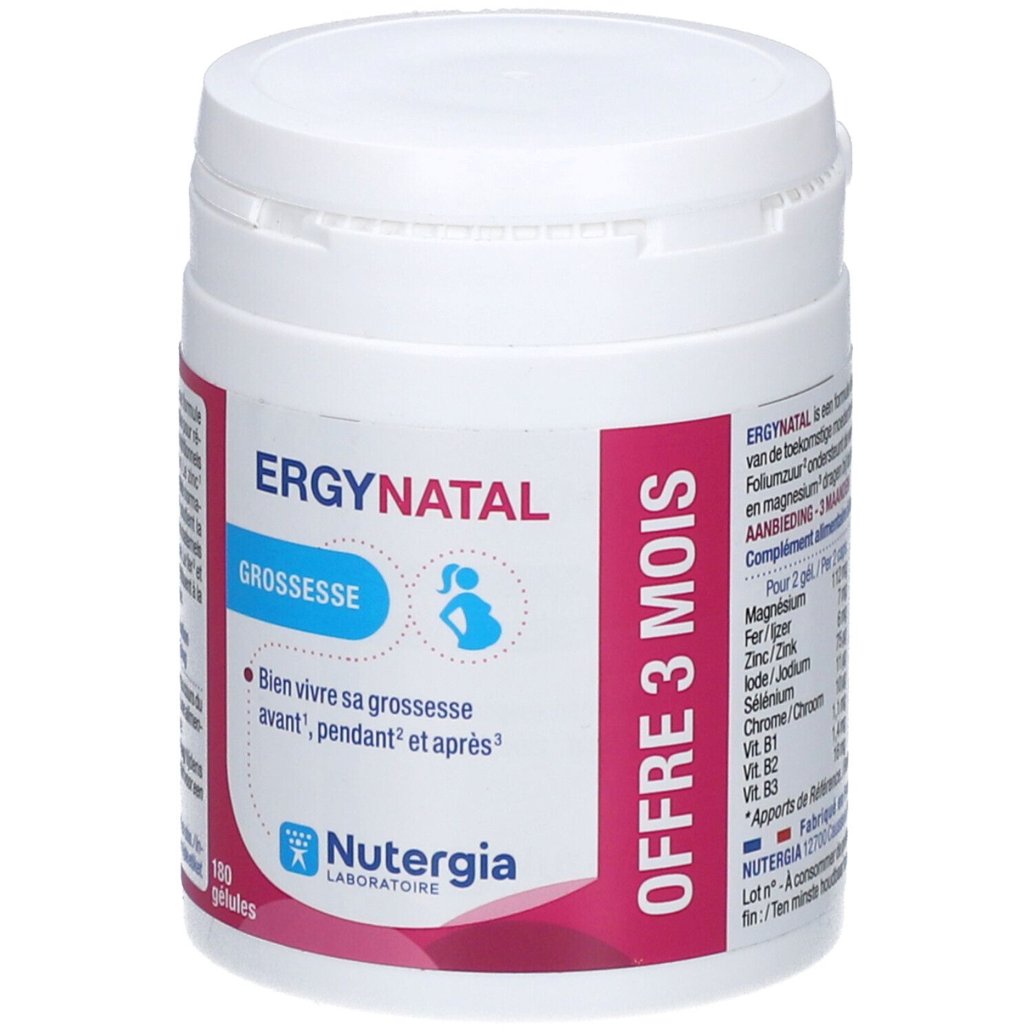Pot blanc Ergynatal avec texte rouge et bleu. Inscription: Ergynatal, Grossesse, 180 gélules, Nutergia. Offre 3 mois.