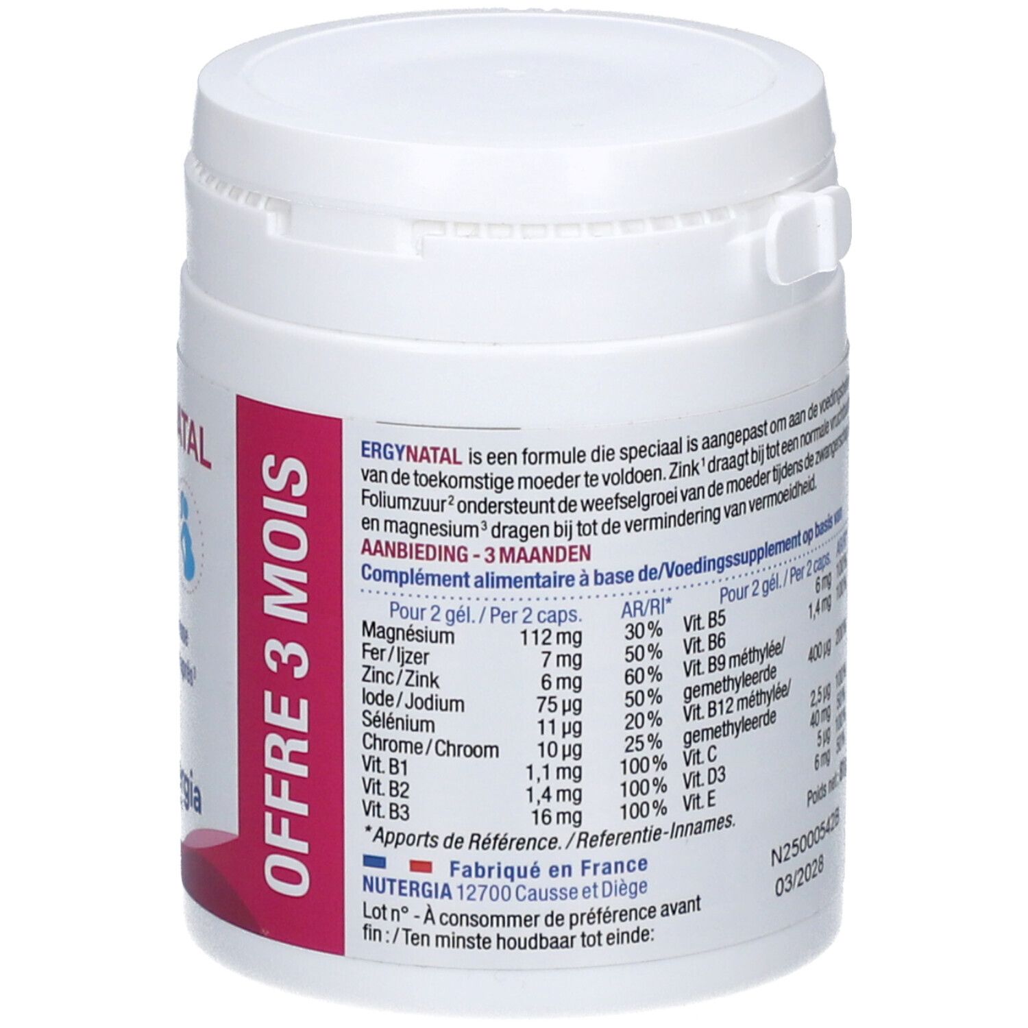Pot blanc Ergynatal. Inscription: Ergynatal, Grossesse, 180 gélules, Nutergia. Informations nutritionnelles et code-barres.
