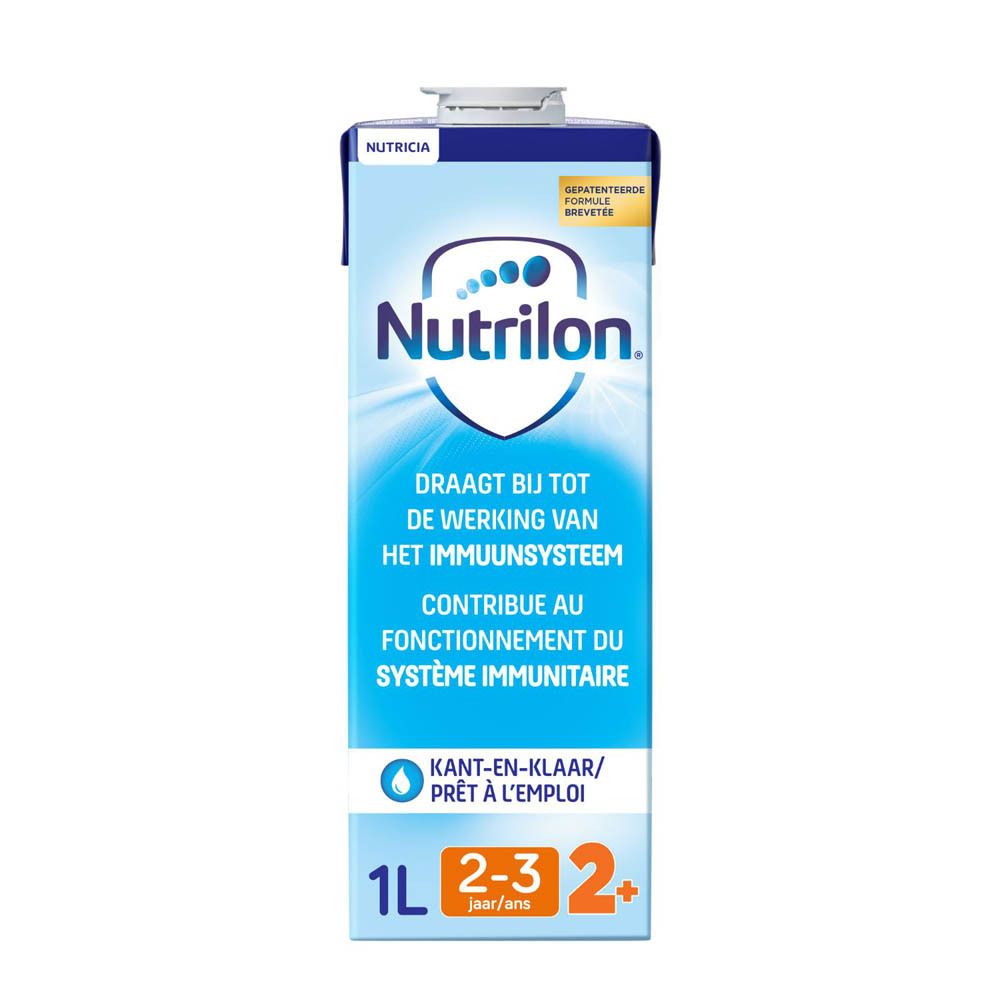 Brique de lait Nutrilon, emballage bleu. Contient fer, vitamine D, GOS/FOS, fibres. Pour enfants de 2 ans et plus. 1 litre.