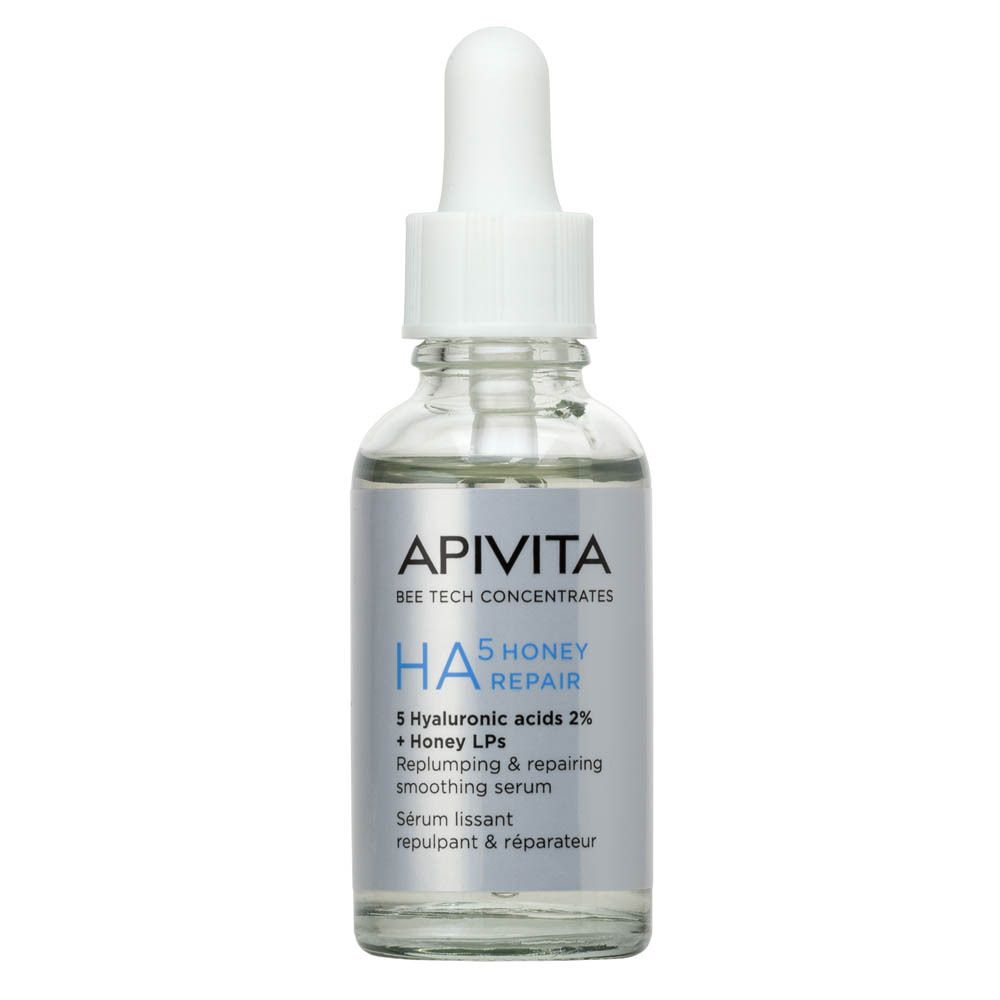 Sérum Apivita HA5 Honey Repair : flacon en verre avec bouchon compte-gouttes blanc, étiquette bleu clair.