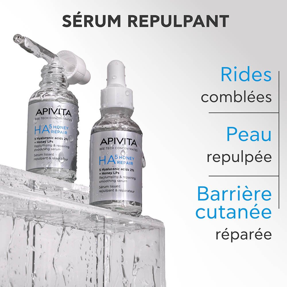 Dos du sérum Apivita HA5 Honey Repair avec instructions d'utilisation et informations fabricant.