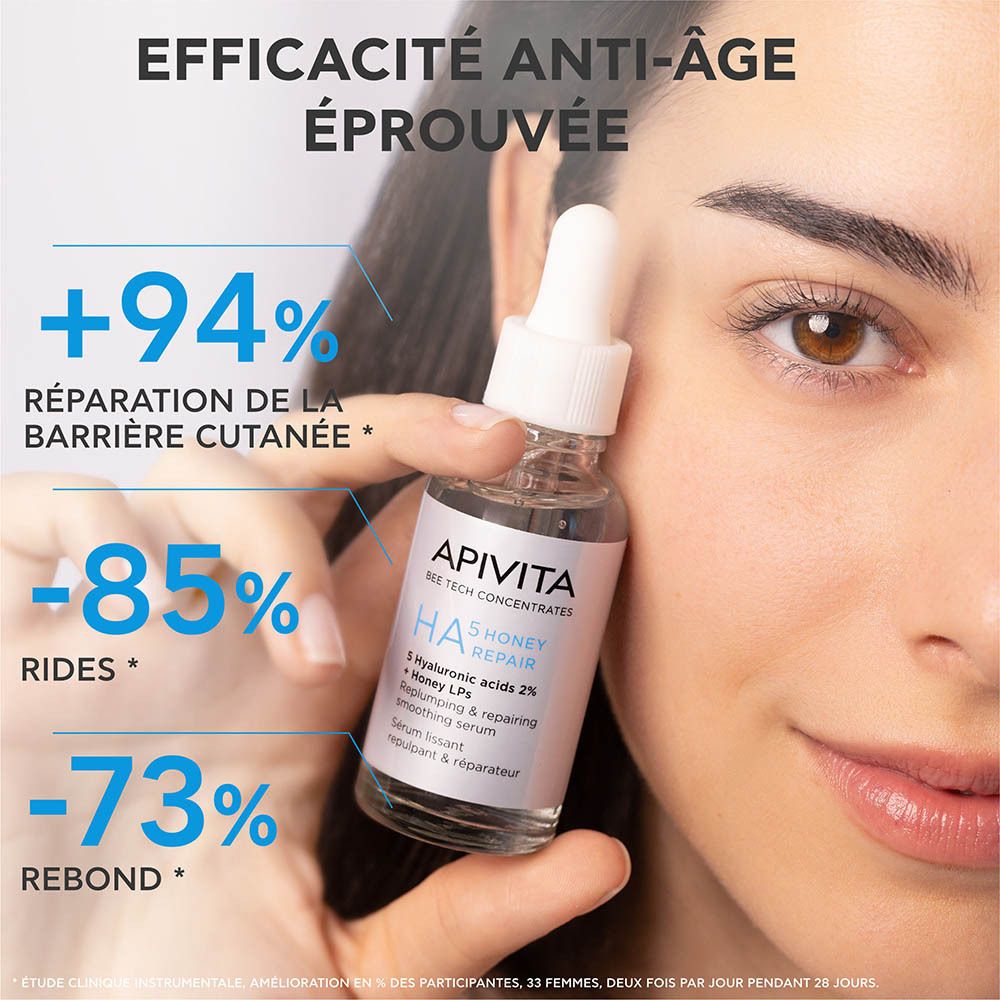 Vue latérale du sérum Apivita HA5 Honey Repair avec symboles d'application et date de péremption.
