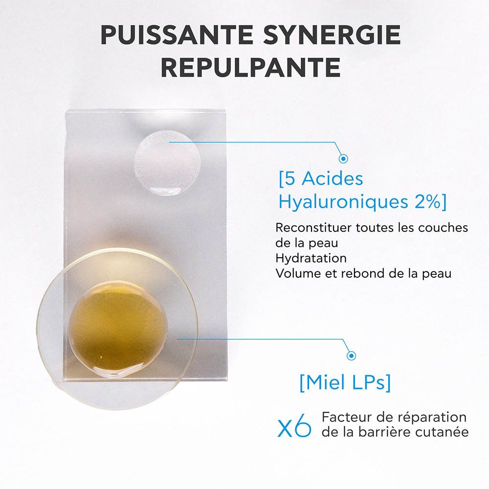 Vue latérale du sérum Apivita HA5 Honey Repair avec symboles d'application et date de péremption.