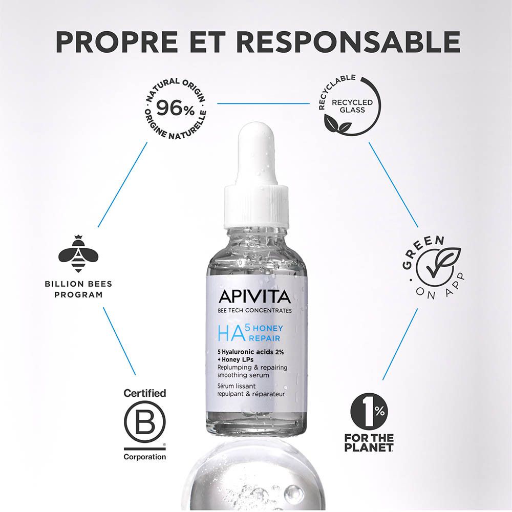Flacon et boîte d'emballage du sérum Apivita HA5 Honey Repair, tous deux étiquetés.