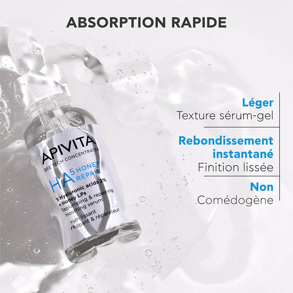 Flacon et boîte d'emballage du sérum Apivita HA5 Honey Repair, tous deux étiquetés.