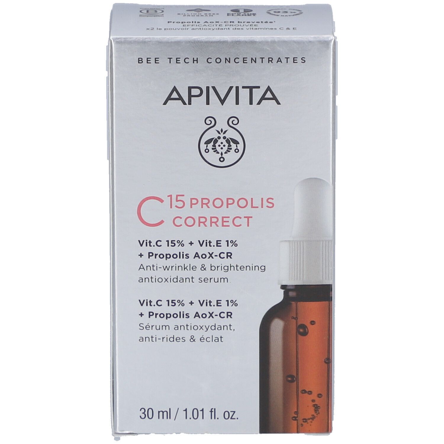 Produit et emballage. Flacon et boîte. Marque : Apivita. Nom du produit et ingrédients sur l'emballage.