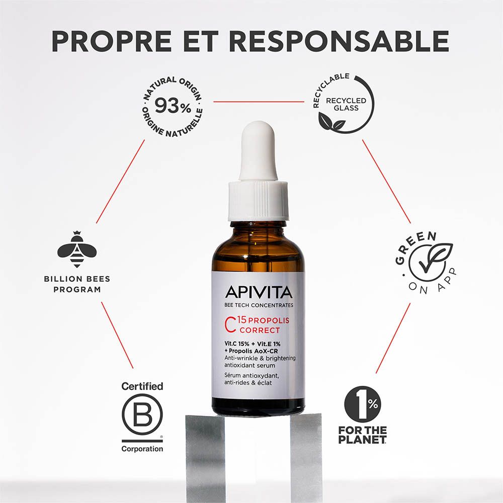 Sérum Apivita C15 Propolis Correct : flacon en verre brun avec bouchon compte-gouttes blanc. Étiquette argentée avec informations produit.