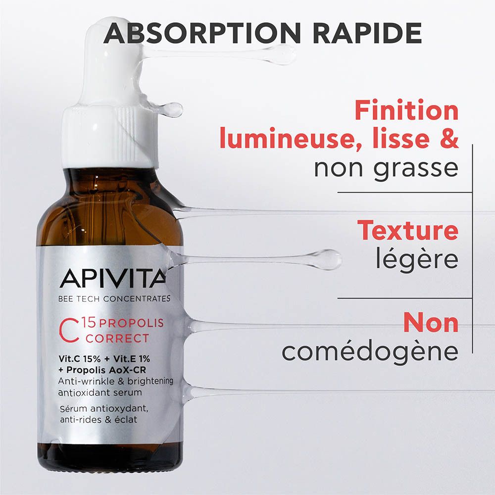Sérum Apivita C15 Propolis Correct : flacon en verre brun avec bouchon compte-gouttes blanc. Étiquette argentée avec informations produit.