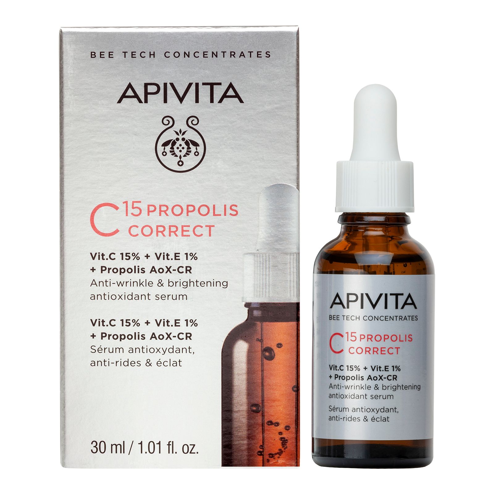 Sérum Apivita C15 Propolis Correct : flacon en verre brun avec bouchon compte-gouttes blanc. Étiquette argentée avec informations produit.