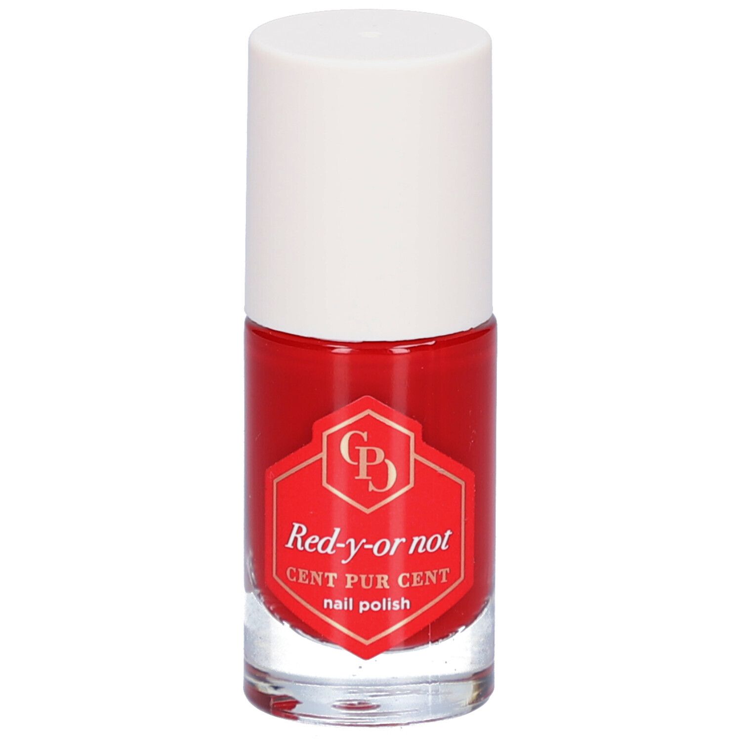 Flacon de vernis à ongles rouge avec bouchon blanc. Étiquette avec nom et logo du produit.