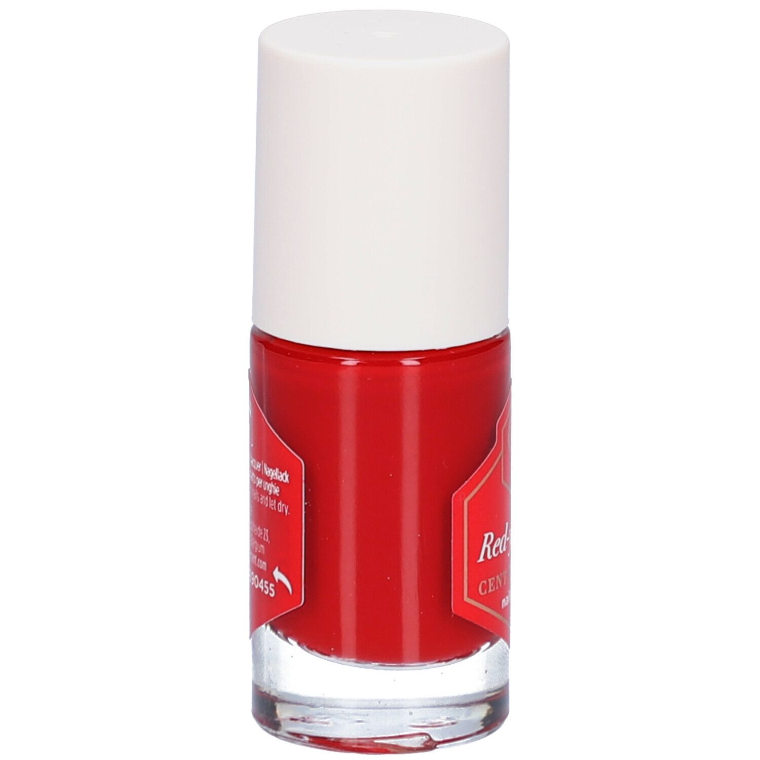 Flacon de vernis à ongles rouge avec bouchon blanc. Étiquette avec informations sur le produit.