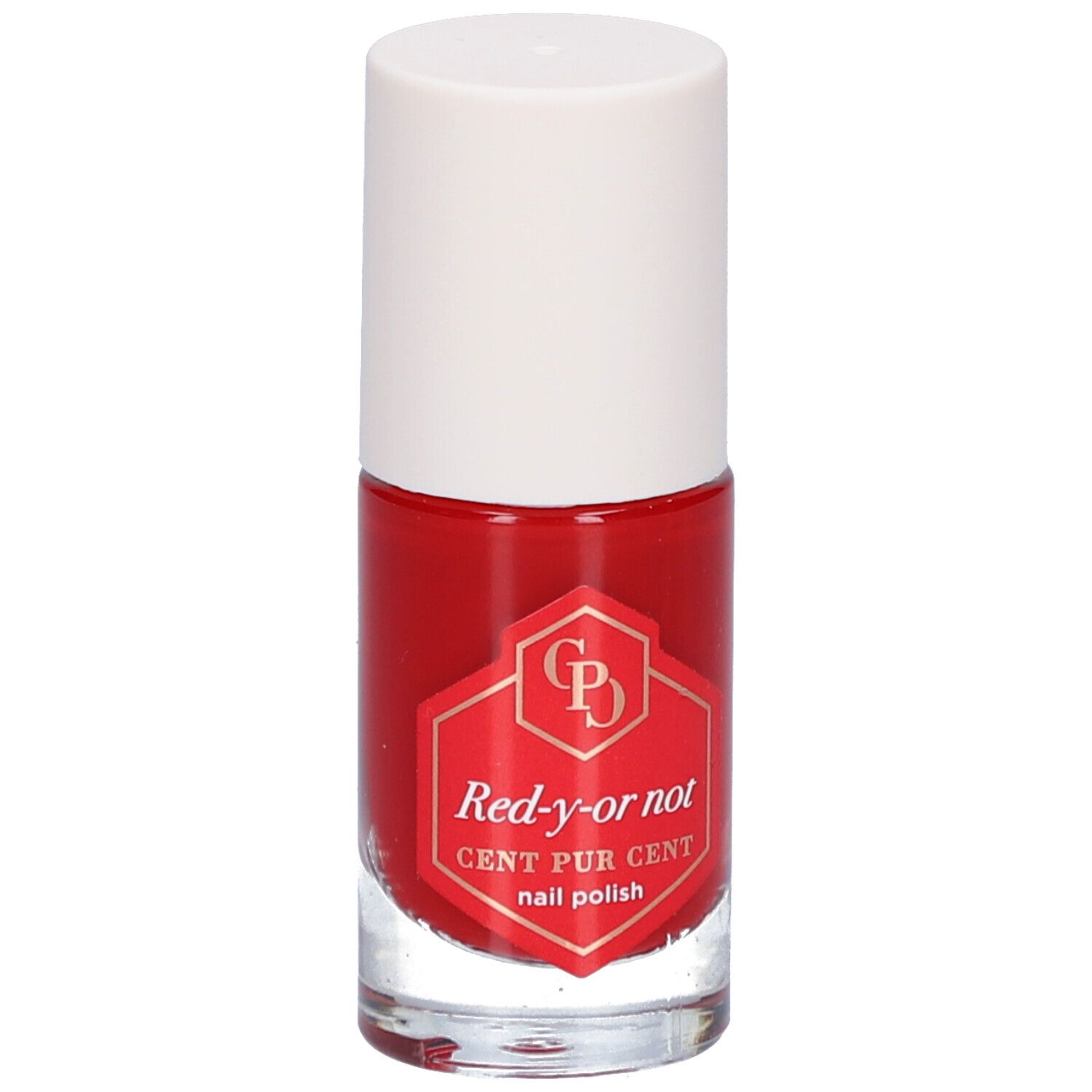 Flacon de vernis à ongles rouge avec bouchon blanc. Étiquette avec nom et logo du produit.