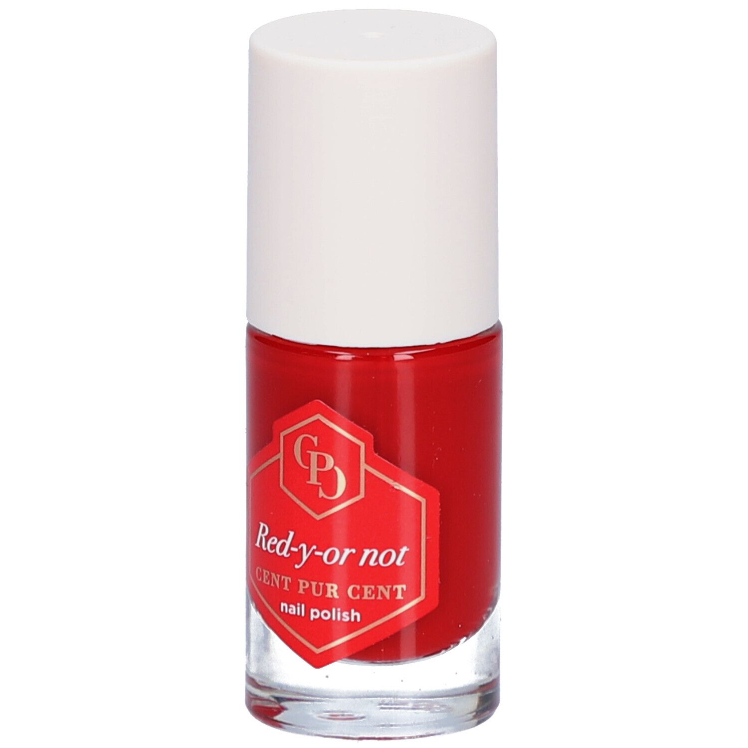 Flacon de vernis à ongles rouge avec bouchon blanc. Étiquette avec nom et logo du produit.