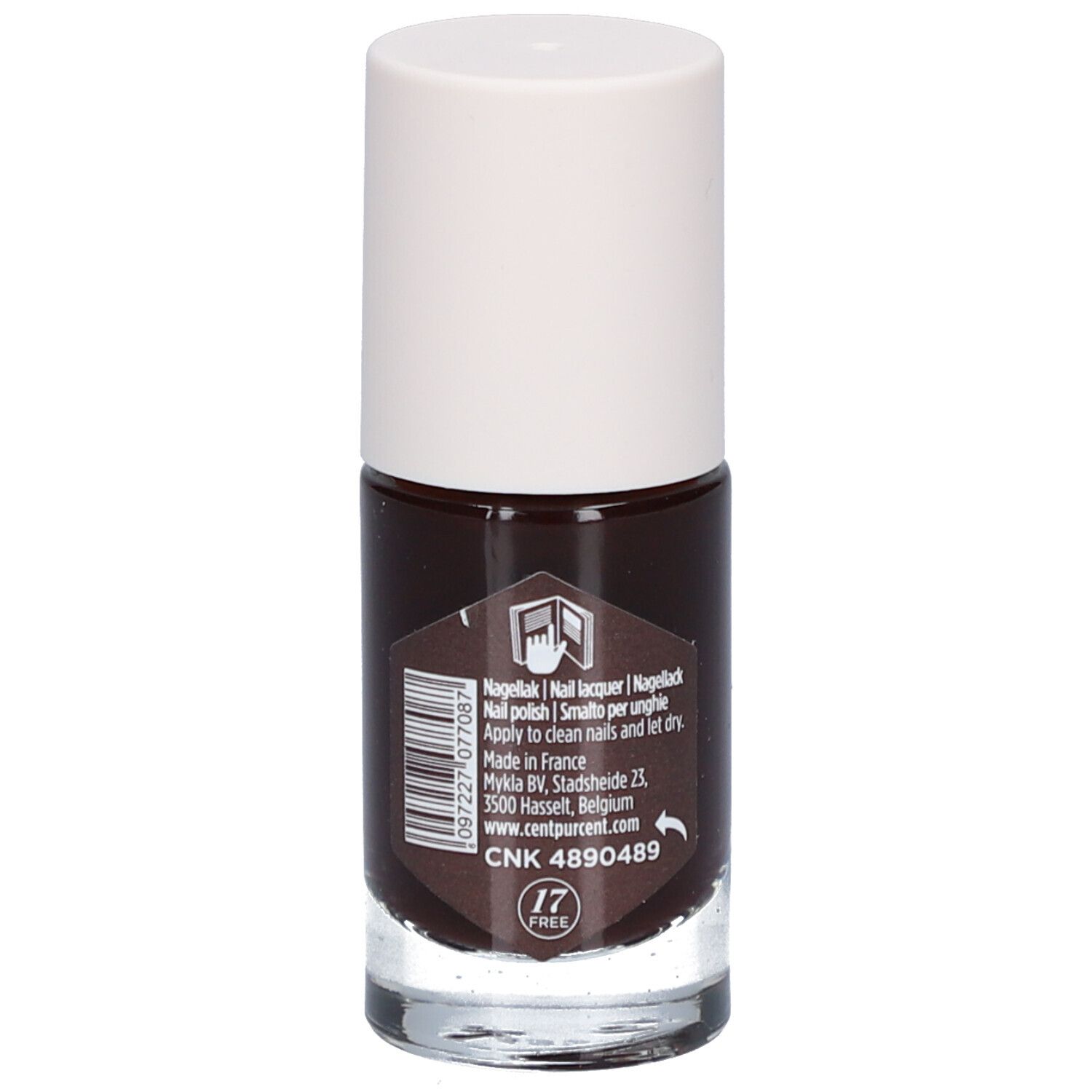 Flacon de vernis à ongles marron avec bouchon blanc. Dos avec texte et code-barres.