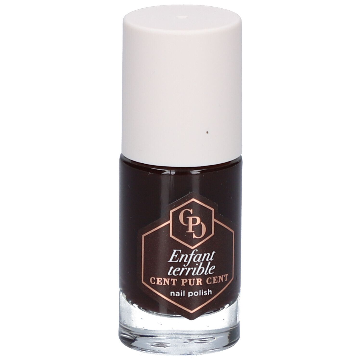 Flacon de vernis à ongles marron avec bouchon blanc. Inscription : Enfant terrible, Cent Pur Cent.