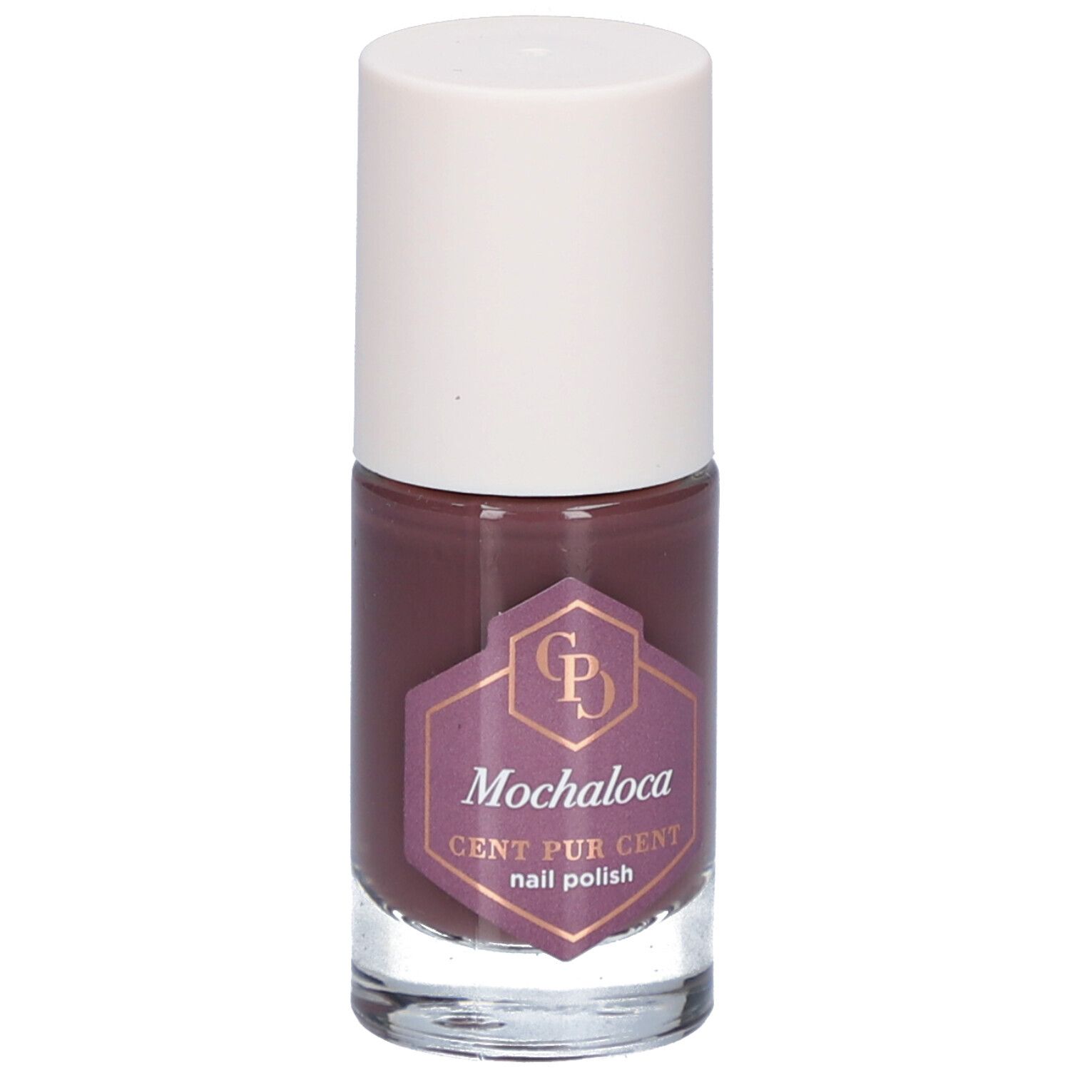 Flacon de vernis à ongles marron avec bouchon blanc. Étiquette avec le nom du produit Mochaloca et la marque Cent Pur Cent.