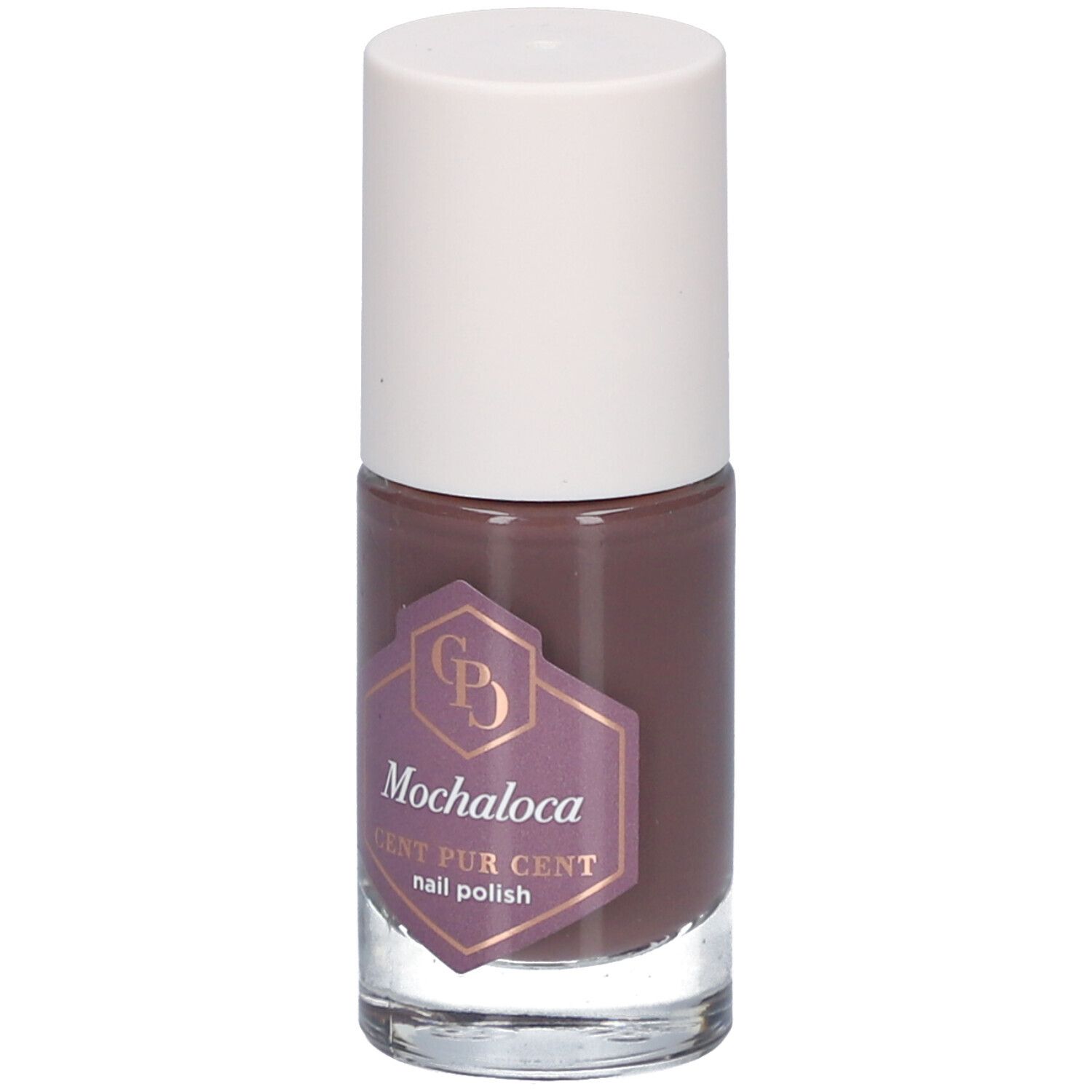 Flacon de vernis à ongles marron avec bouchon blanc. Étiquette avec le nom du produit Mochaloca et la marque Cent Pur Cent.