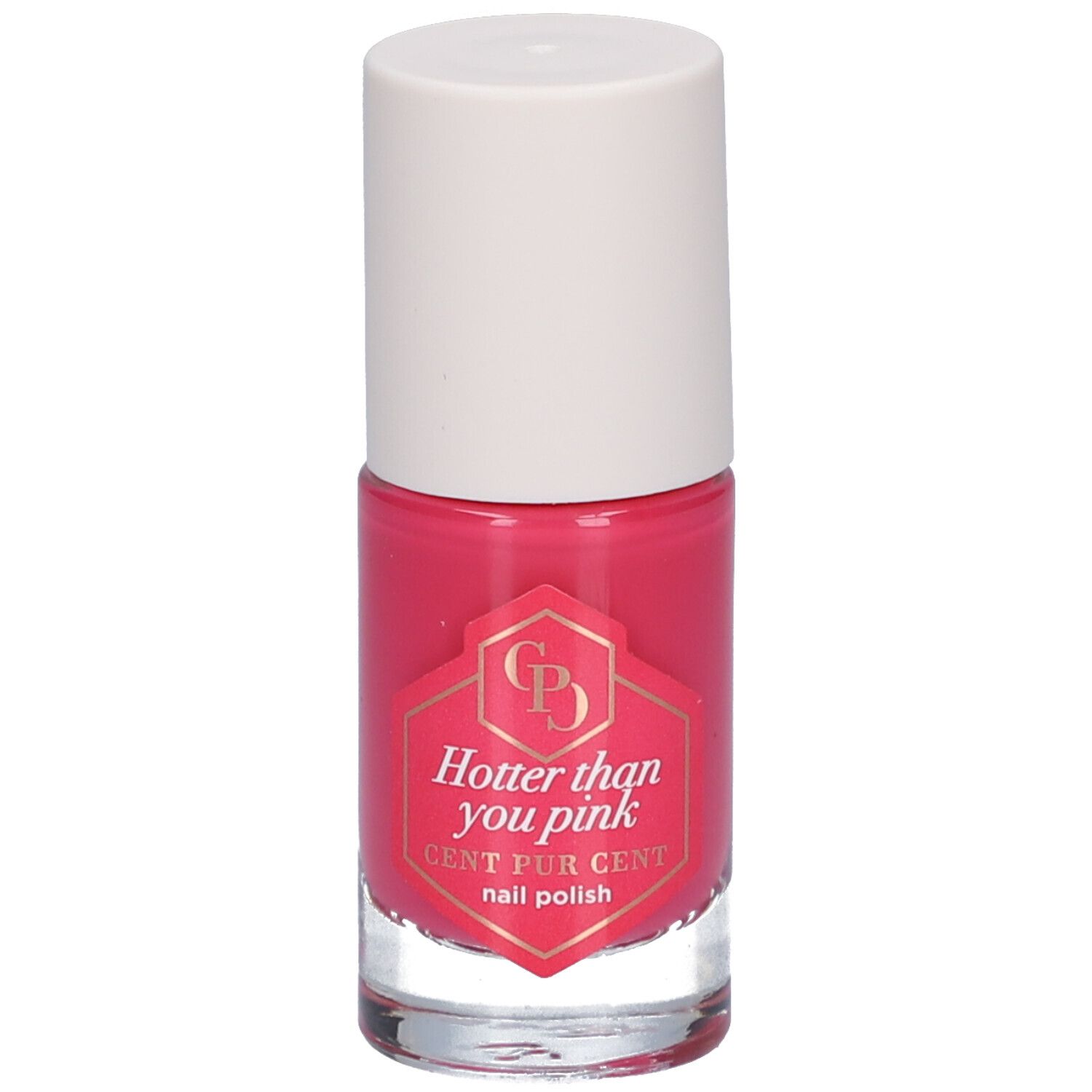 Flacon de vernis à ongles rose avec bouchon blanc. L'étiquette indique "Hotter than you pink" et "CENT PUR CENT nail polish".
