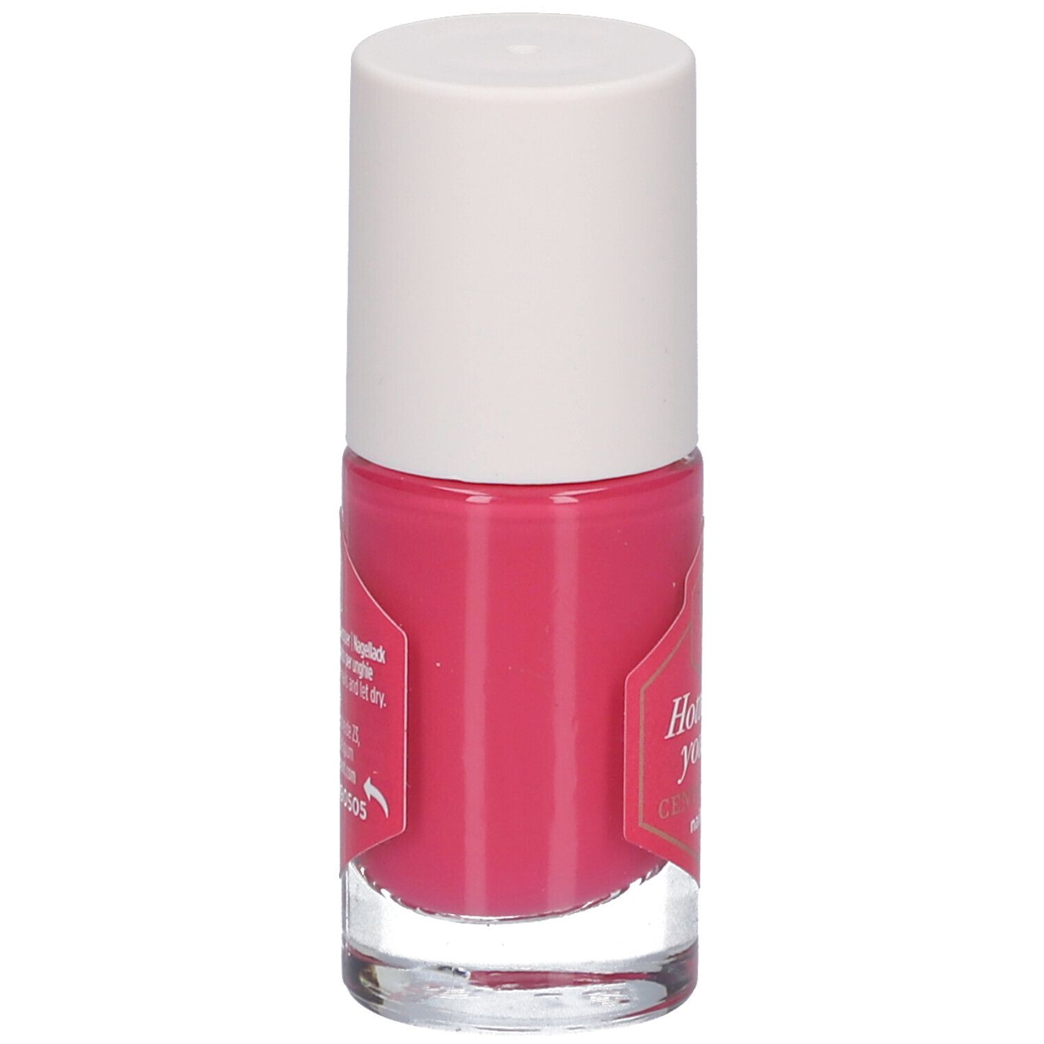 Flacon de vernis à ongles rose avec bouchon blanc. L'étiquette contient des informations sur le produit.