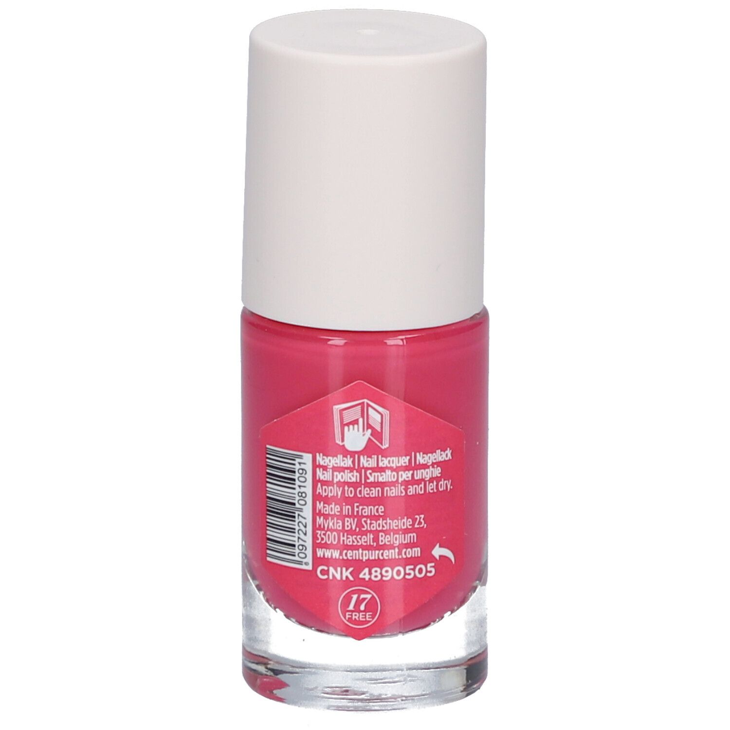 Flacon de vernis à ongles rose avec bouchon blanc. L'étiquette contient des informations sur l'utilisation et les ingrédients.