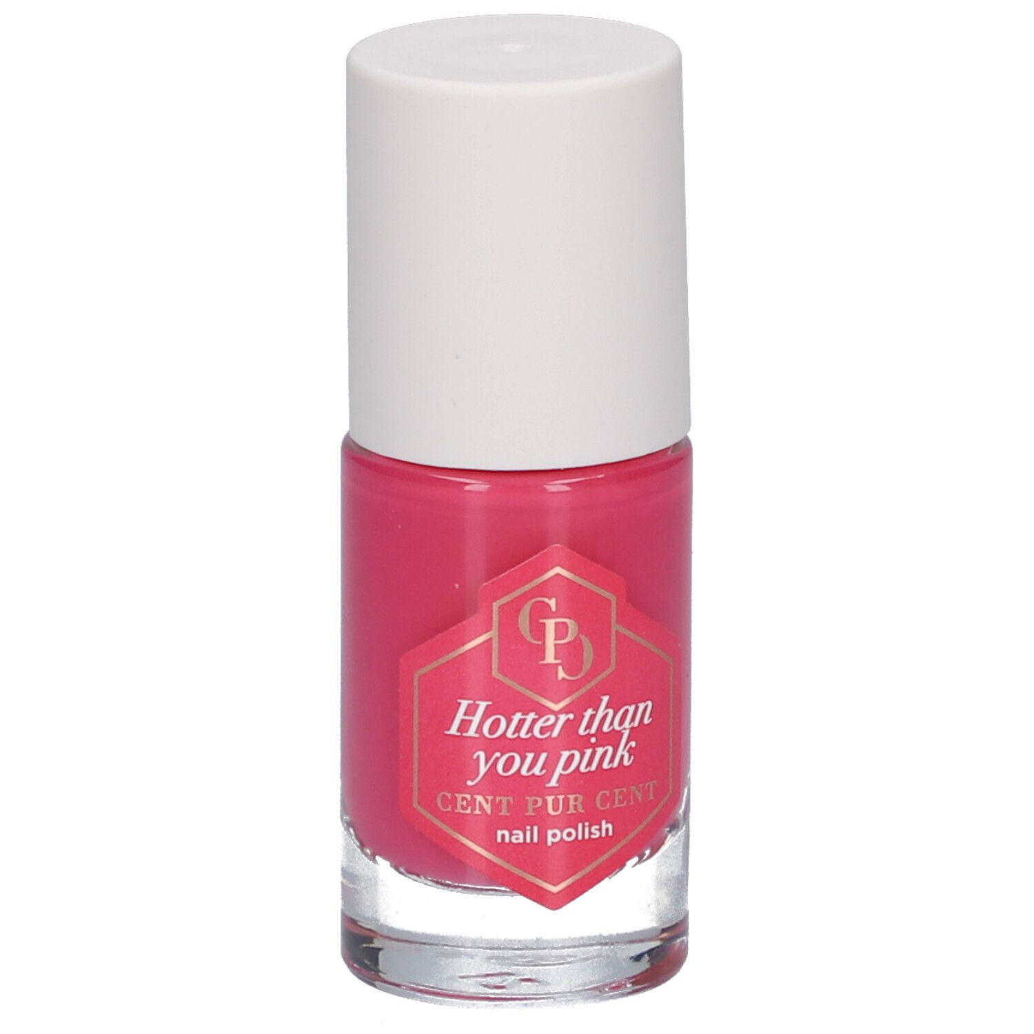 Flacon de vernis à ongles rose avec bouchon blanc. L'étiquette indique "Hotter than you pink" et "CENT PUR CENT nail polish".