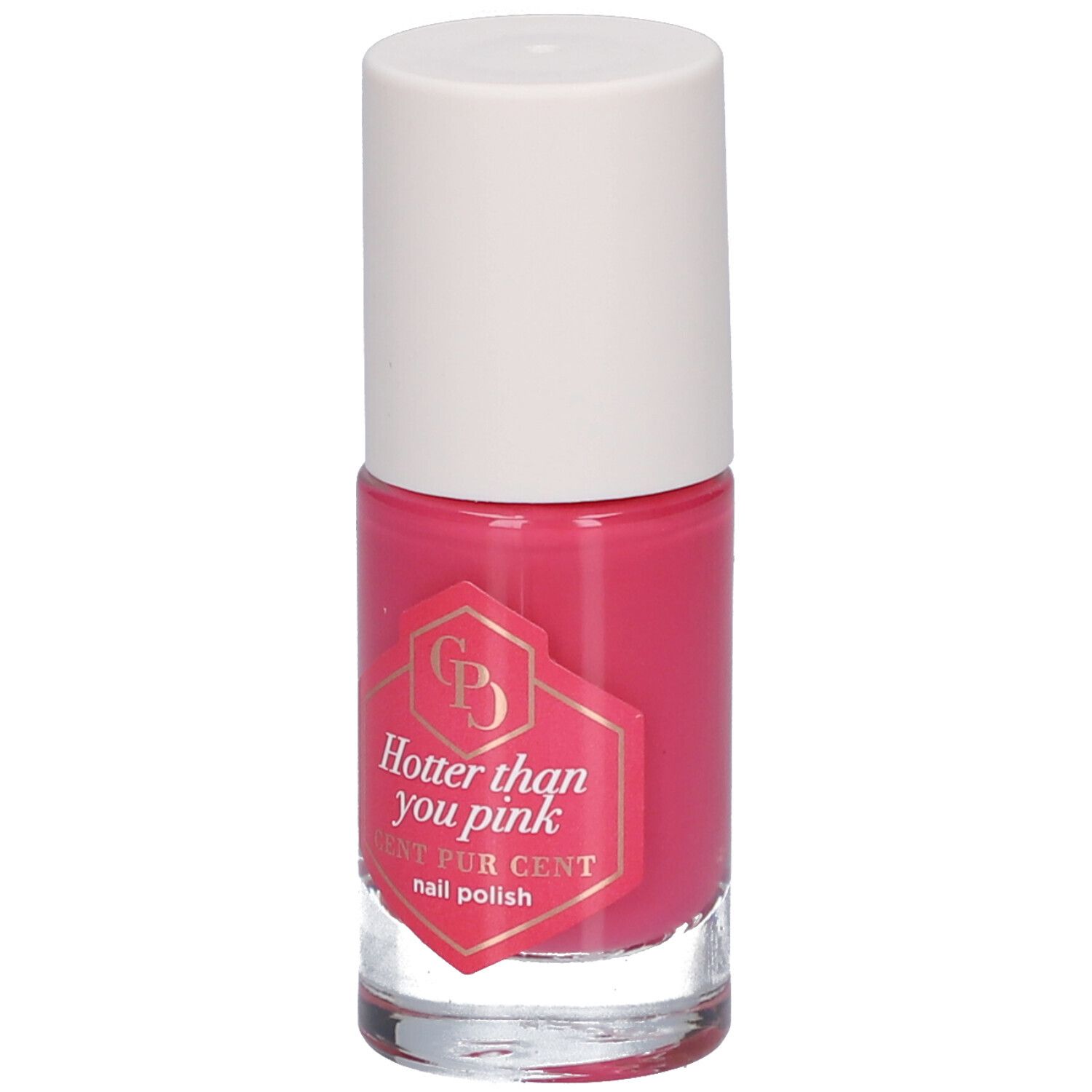 Flacon de vernis à ongles rose avec bouchon blanc. L'étiquette indique "Hotter than you pink" et "CENT PUR CENT nail polish".