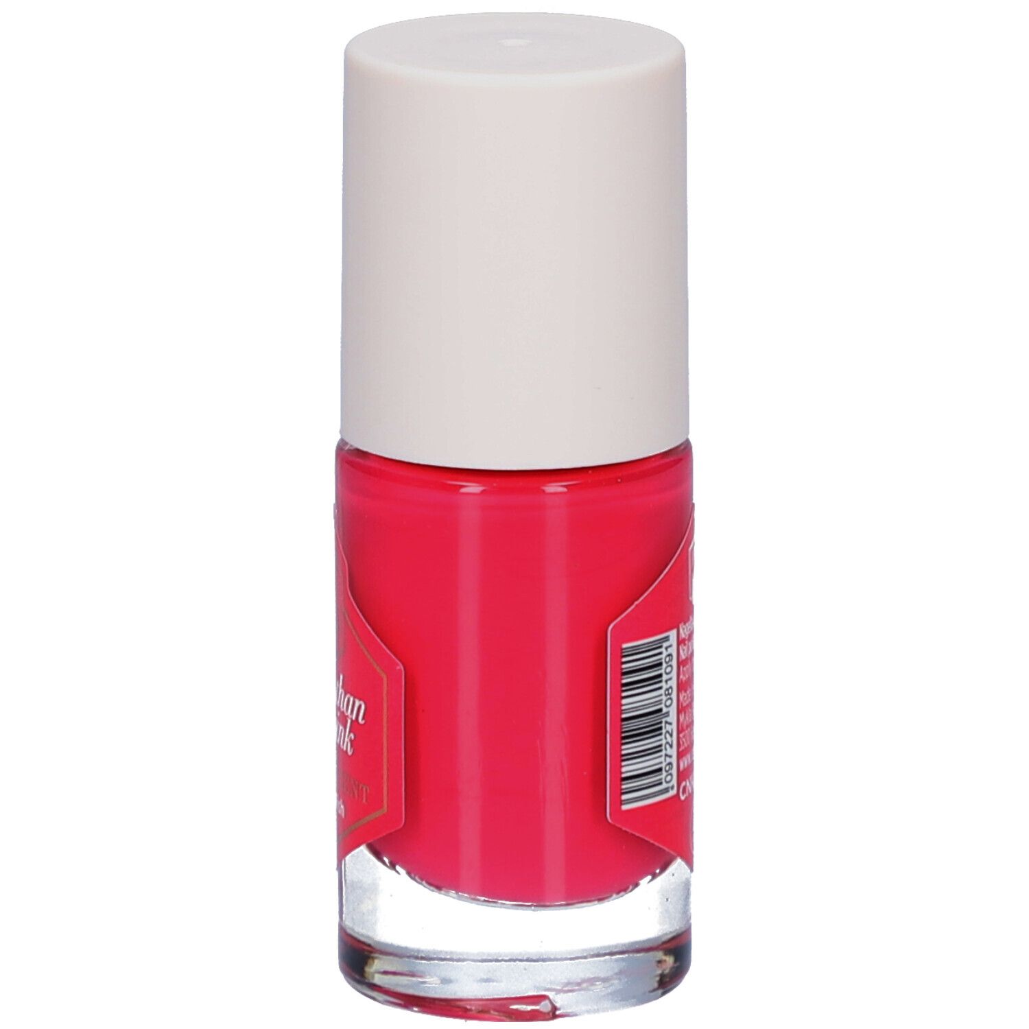 Flacon de vernis à ongles rose avec bouchon blanc. L'étiquette contient des informations sur le produit.