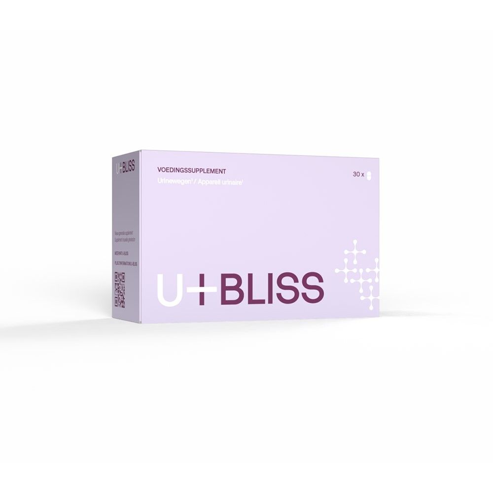 Boîte lilas avec logo "U+BLISS" et texte. Contient 30 gélules. Inscription: Complément alimentaire pour les voies urinaires.