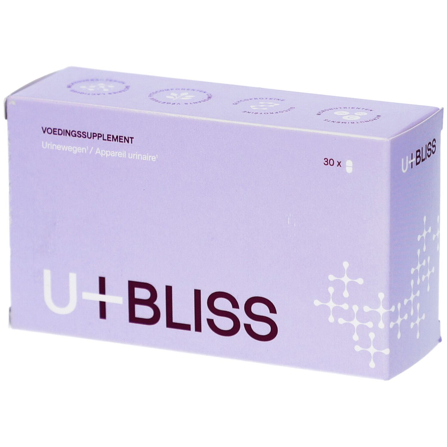Boîte lilas avec logo "U+BLISS" et texte. Contient 30 gélules. Inscription: Complément alimentaire pour les voies urinaires.