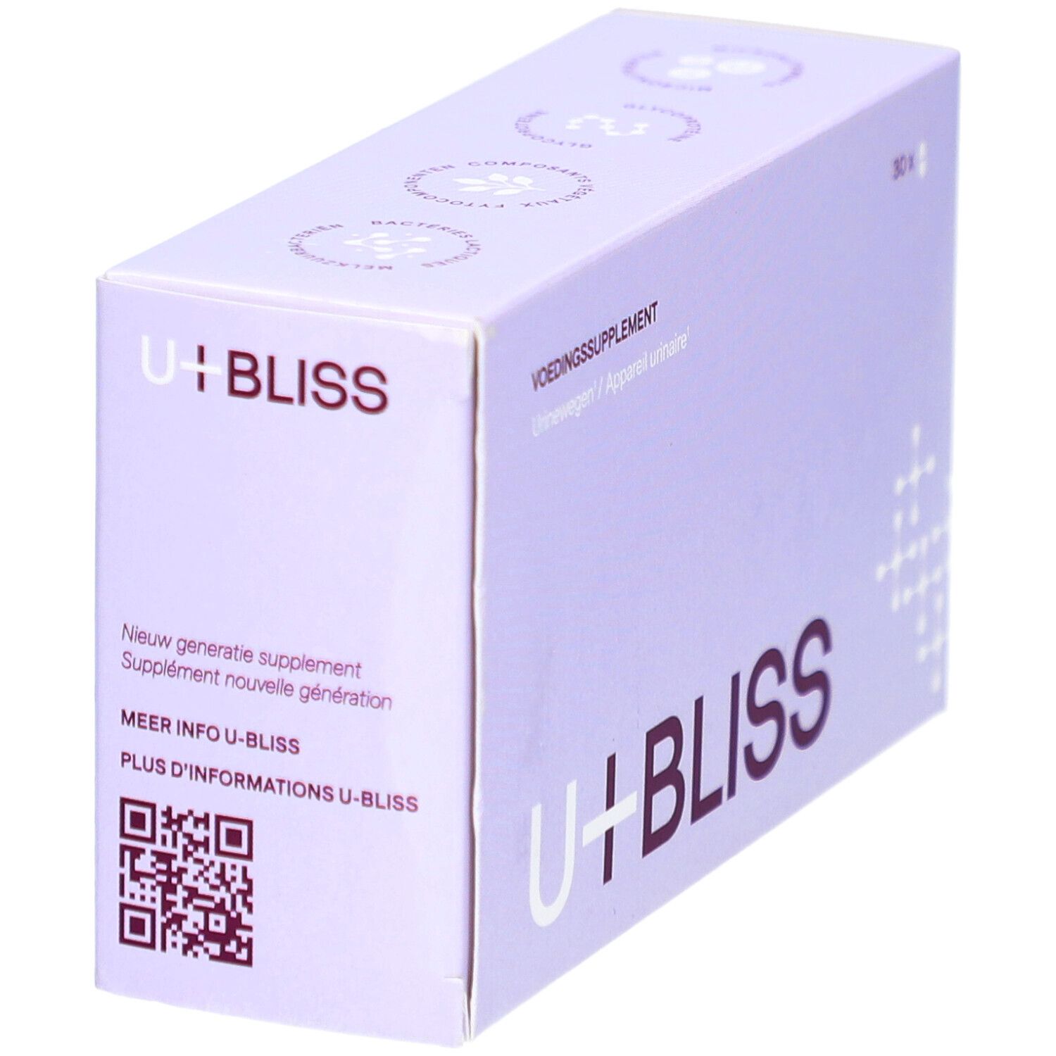 Boîte lilas avec logo "U+BLISS" et texte. Contient 30 gélules. Texte: Complément alimentaire. Code QR.