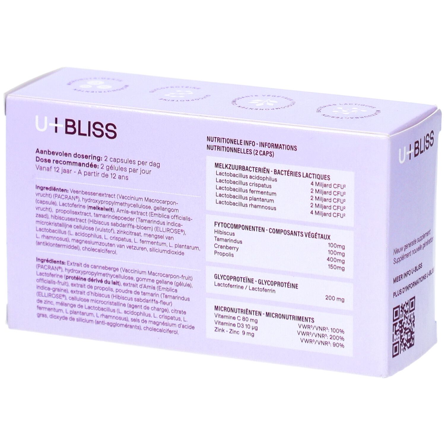 Boîte lilas avec logo "U+BLISS" et texte. Contient des informations sur les ingrédients et le dosage. Code QR.