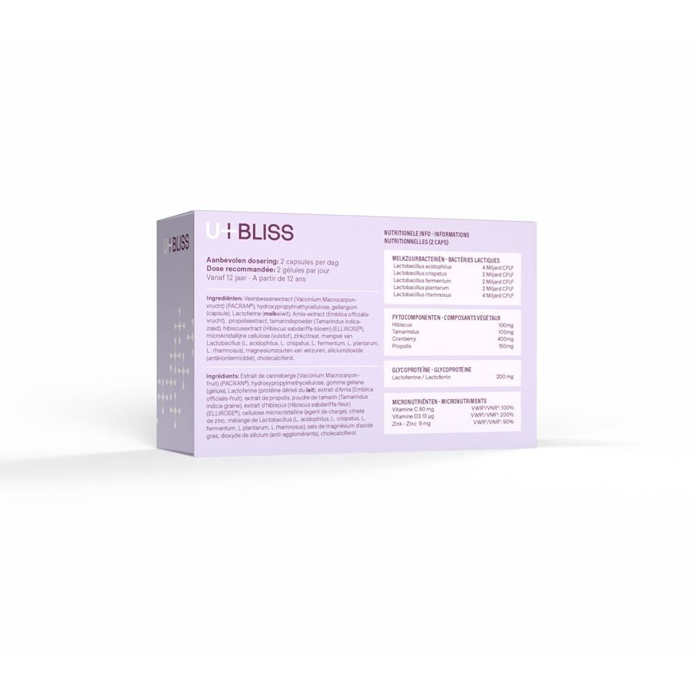 Boîte lilas avec logo "U+BLISS" et texte. Contient des informations sur les ingrédients et le dosage. Code QR.