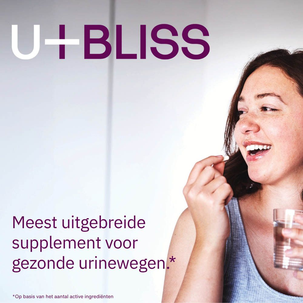 Femme tenant une gélule et un verre d'eau. Texte: Meest uitgebreide supplement voor gezonde urinewegen.