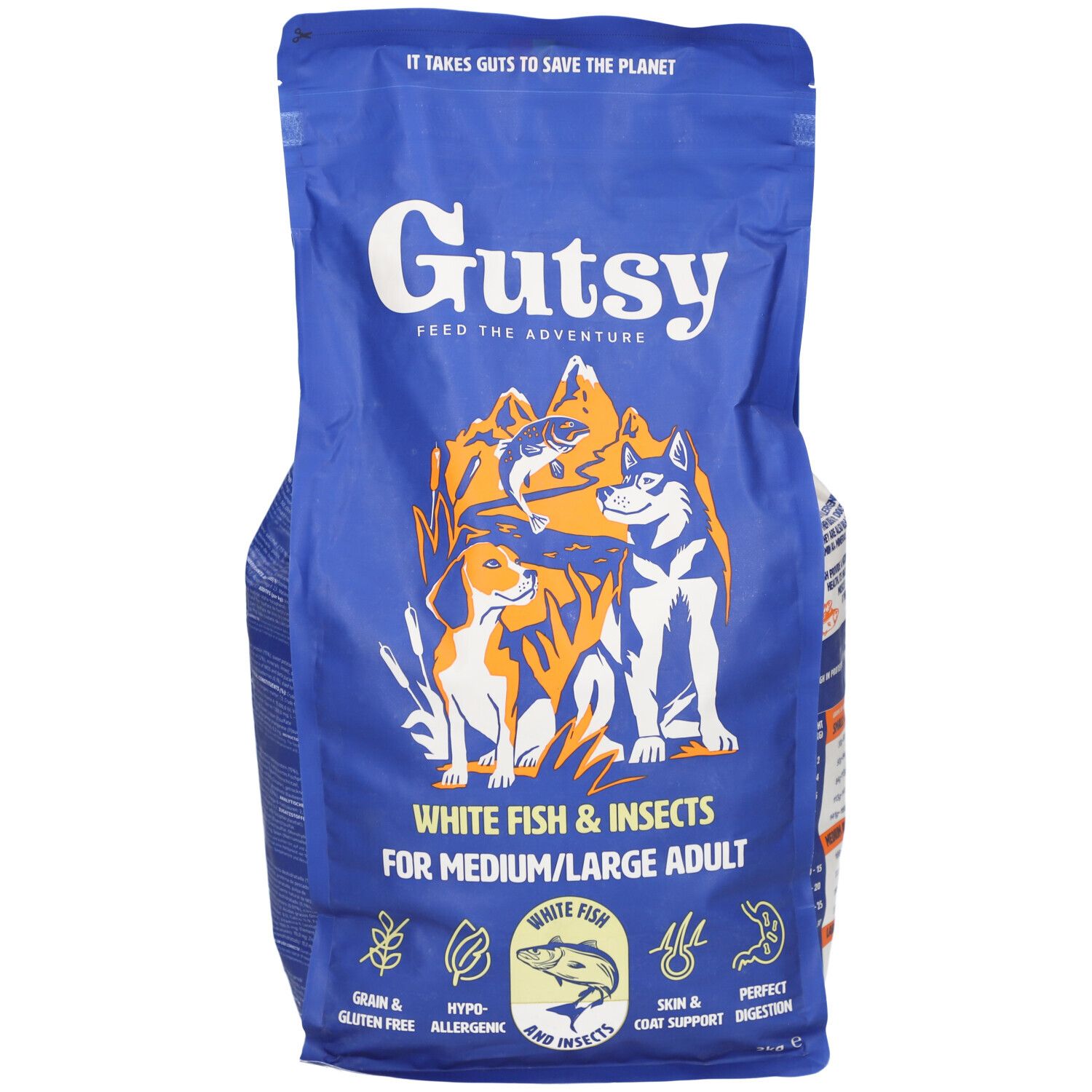 Sac bleu "Gutsy" avec chiens et poissons. Texte : "White Fish & Insects for Medium/Large Adult". Ingrédients et logos.