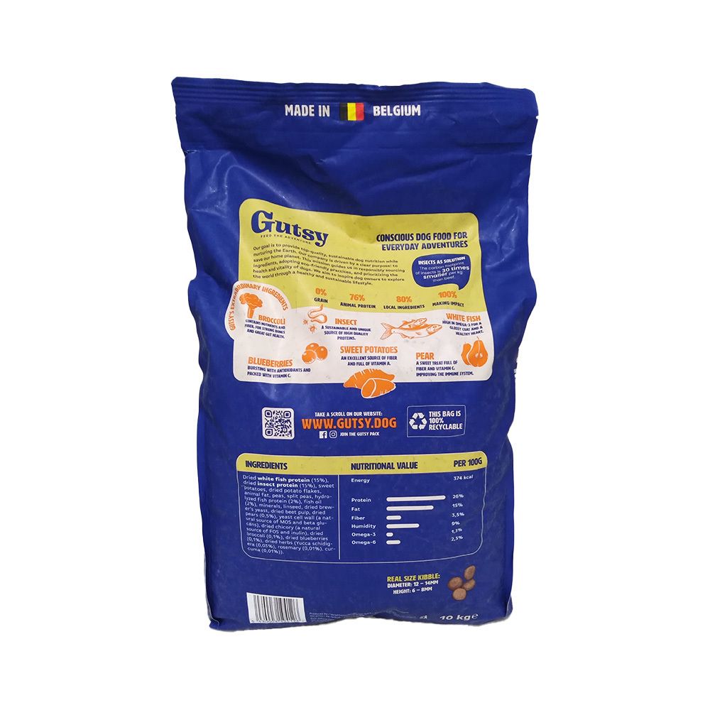 Sac bleu Gutsy pour chien. Ingrédients : insectes, pommes de terre, poisson. Informations nutritionnelles et liste des ingrédients. Fabriqué en Belgique.
