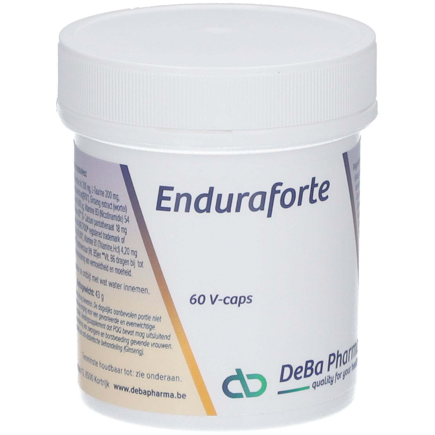 Pot en plastique blanc avec couvercle. Inscription: Enduraforte, 60 V-caps. Logo DeBa Pharma.