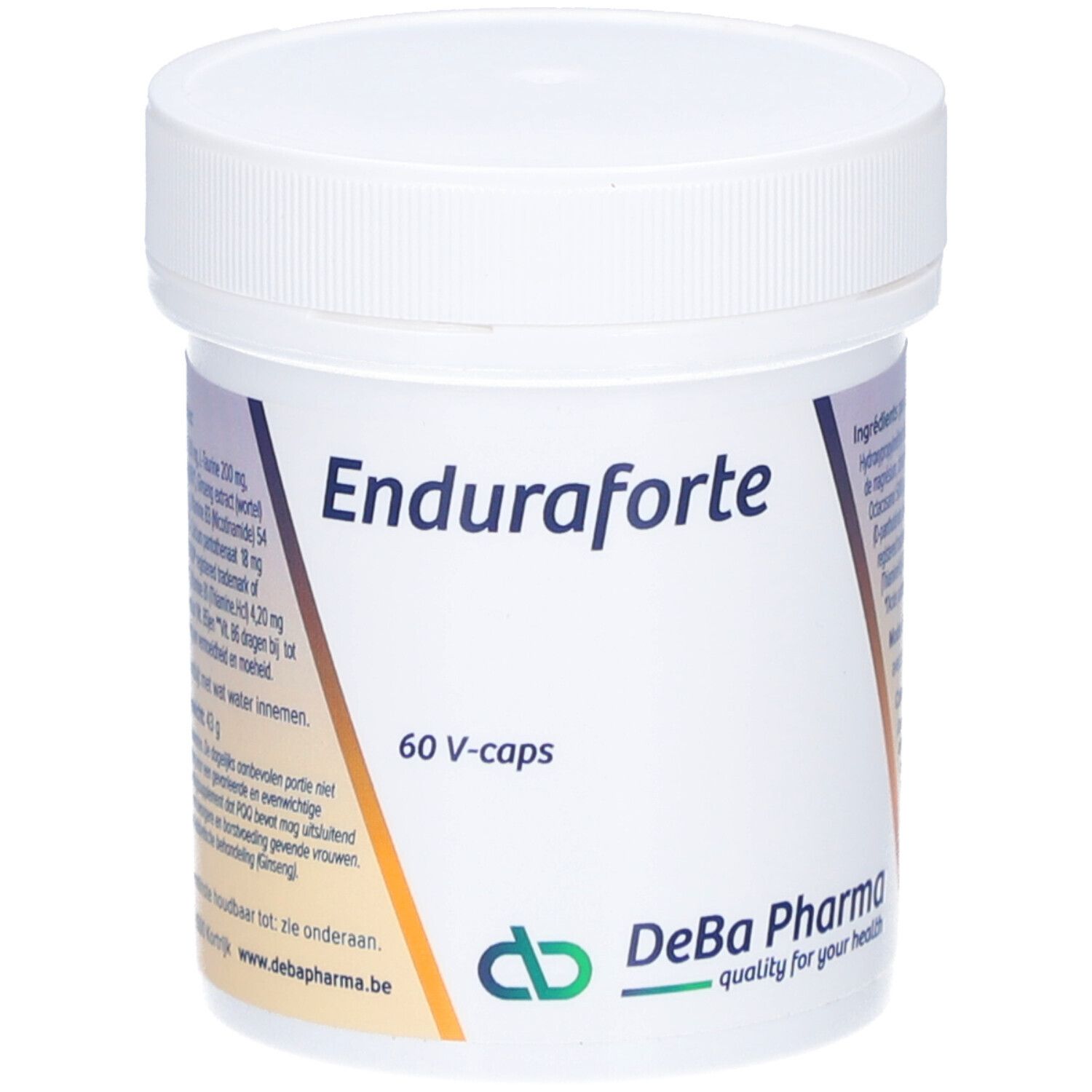 Pot en plastique blanc avec couvercle. Inscription: Enduraforte, 60 V-caps. Logo DeBa Pharma.