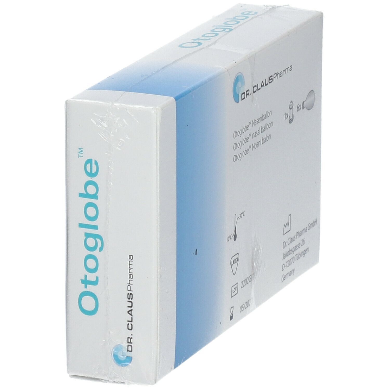 Emballage Otoglobe, vue en biais. Informations produit et marque : Dr. Claus Pharma. Marquage CE.