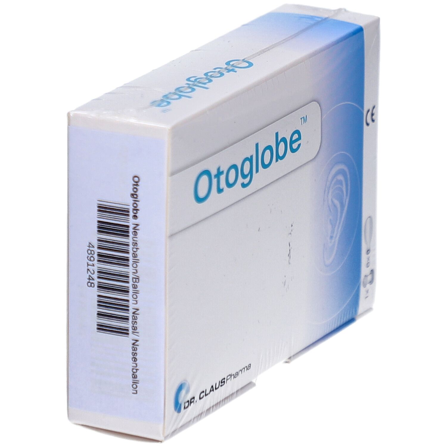 Vue latérale de l'emballage Otoglobe. Code-barres et nom du produit. Marque : Dr. Claus Pharma.