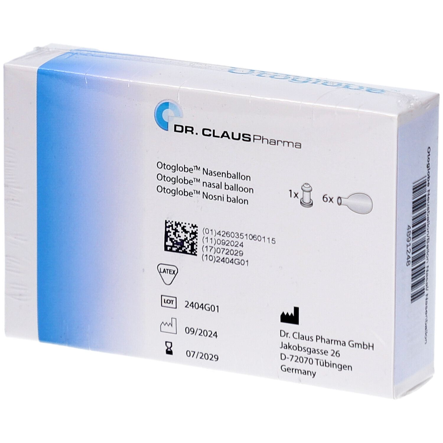 Emballage Otoglobe avec informations produit. Contient 1 attache et 6 ballons. Marque : Dr. Claus Pharma. Marquage CE.