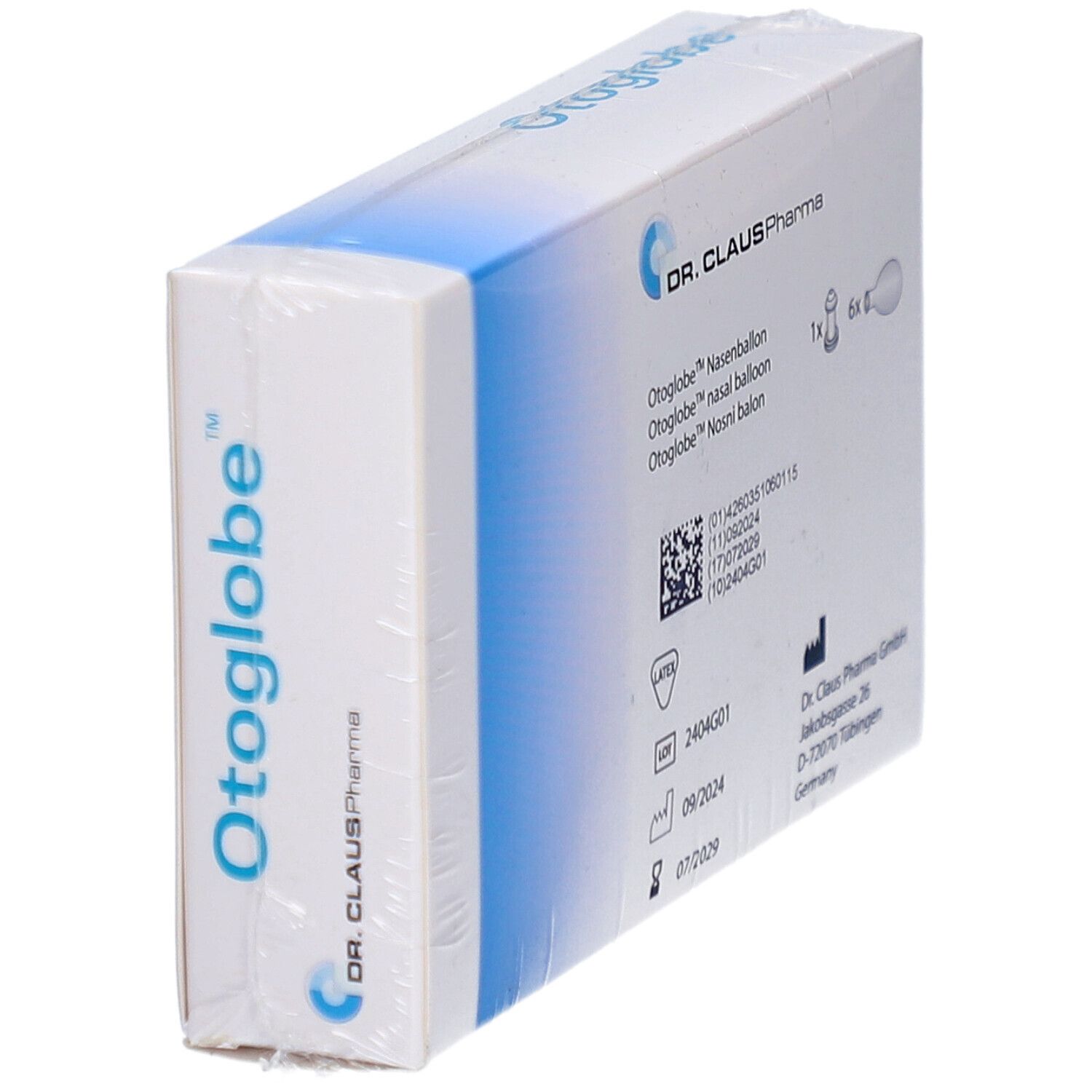 Emballage Otoglobe, vue en biais. Informations produit et marque : Dr. Claus Pharma. Marquage CE.