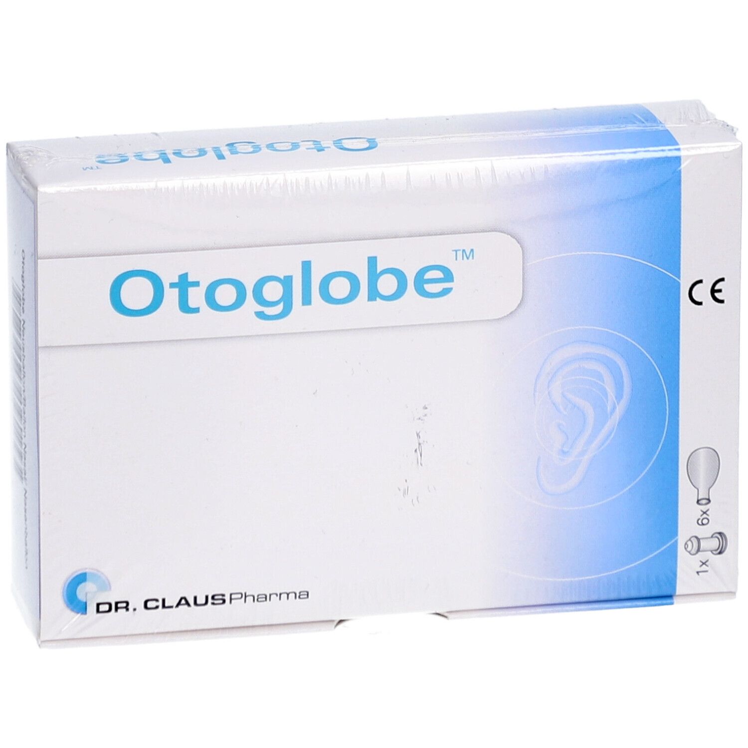 Emballage Otoglobe avec accent bleu. Contient 1 attache et 6 ballons. Marque : Dr. Claus Pharma. Marquage CE.
