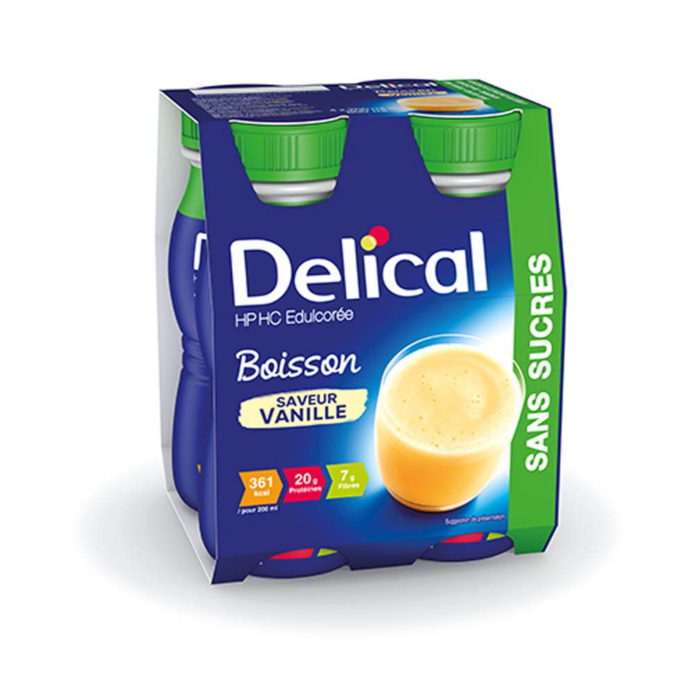 Emballage de quatre bouteilles Delical Boisson, saveur vanille, sans sucres. Bouteilles bleues, bouchons verts.