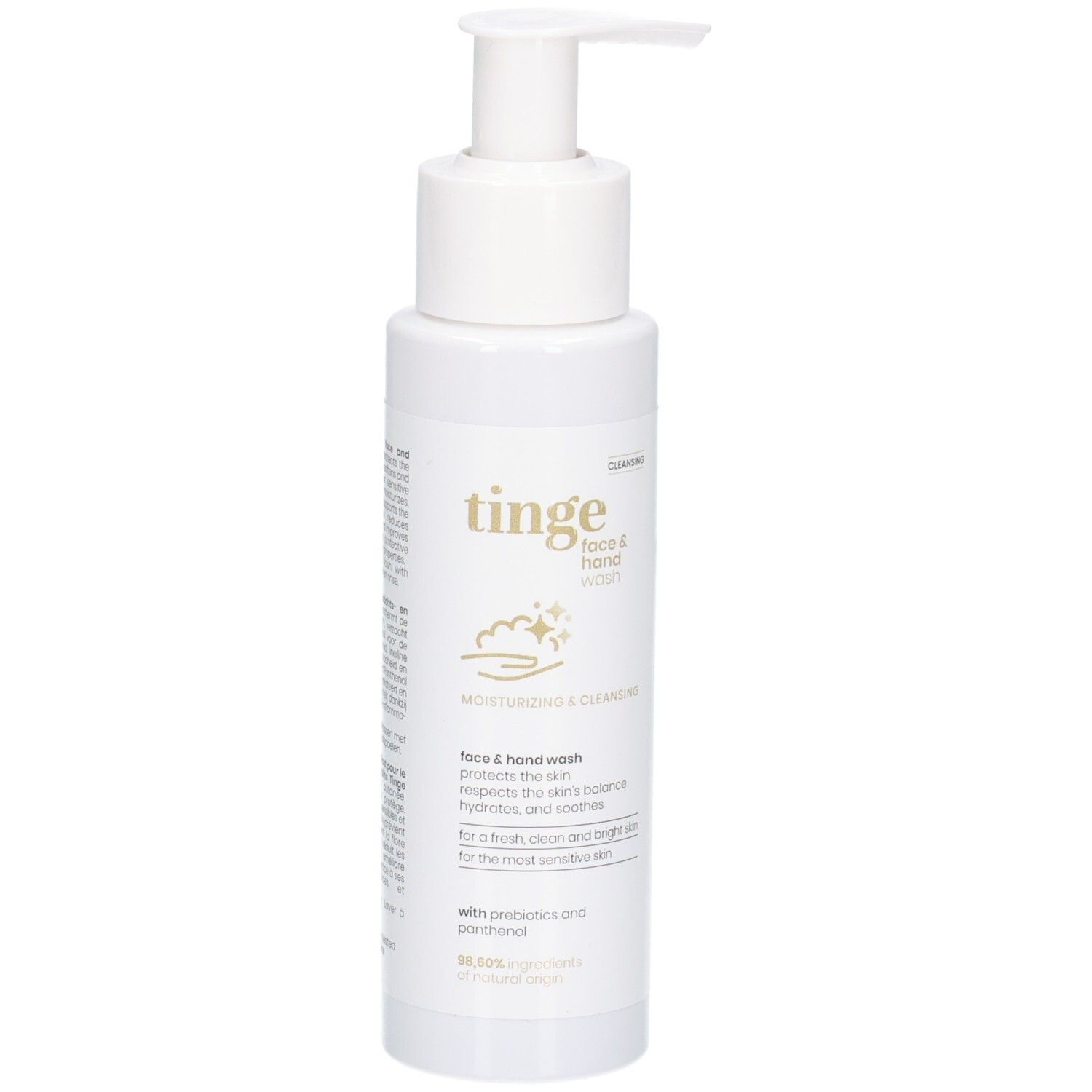 Flacon blanc avec pompe pour Tinge Face & Hand Wash.
