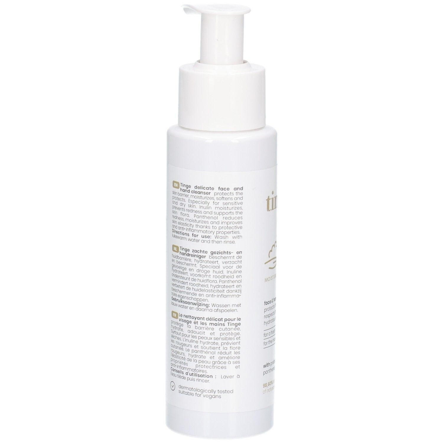 Arrière du flacon blanc Tinge Face & Hand Wash, informations multilingues.