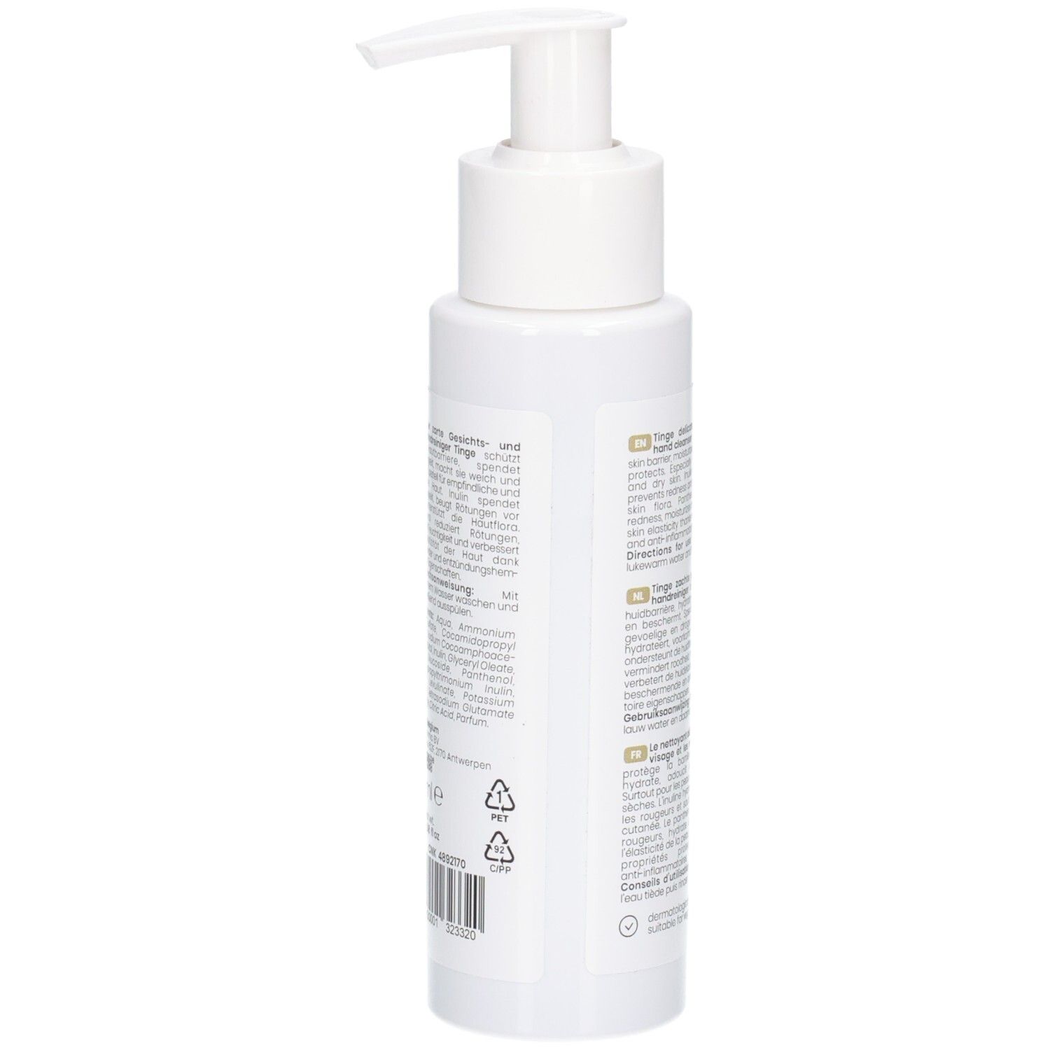 Vue latérale du flacon blanc Tinge Face & Hand Wash, avec pompe.
