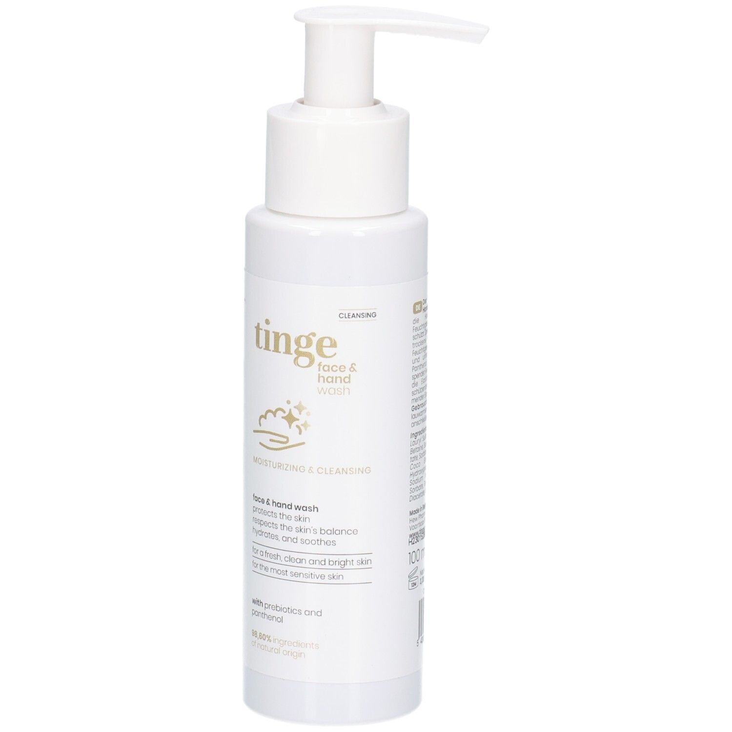 Flacon blanc avec pompe pour Tinge Face & Hand Wash, vue de face.