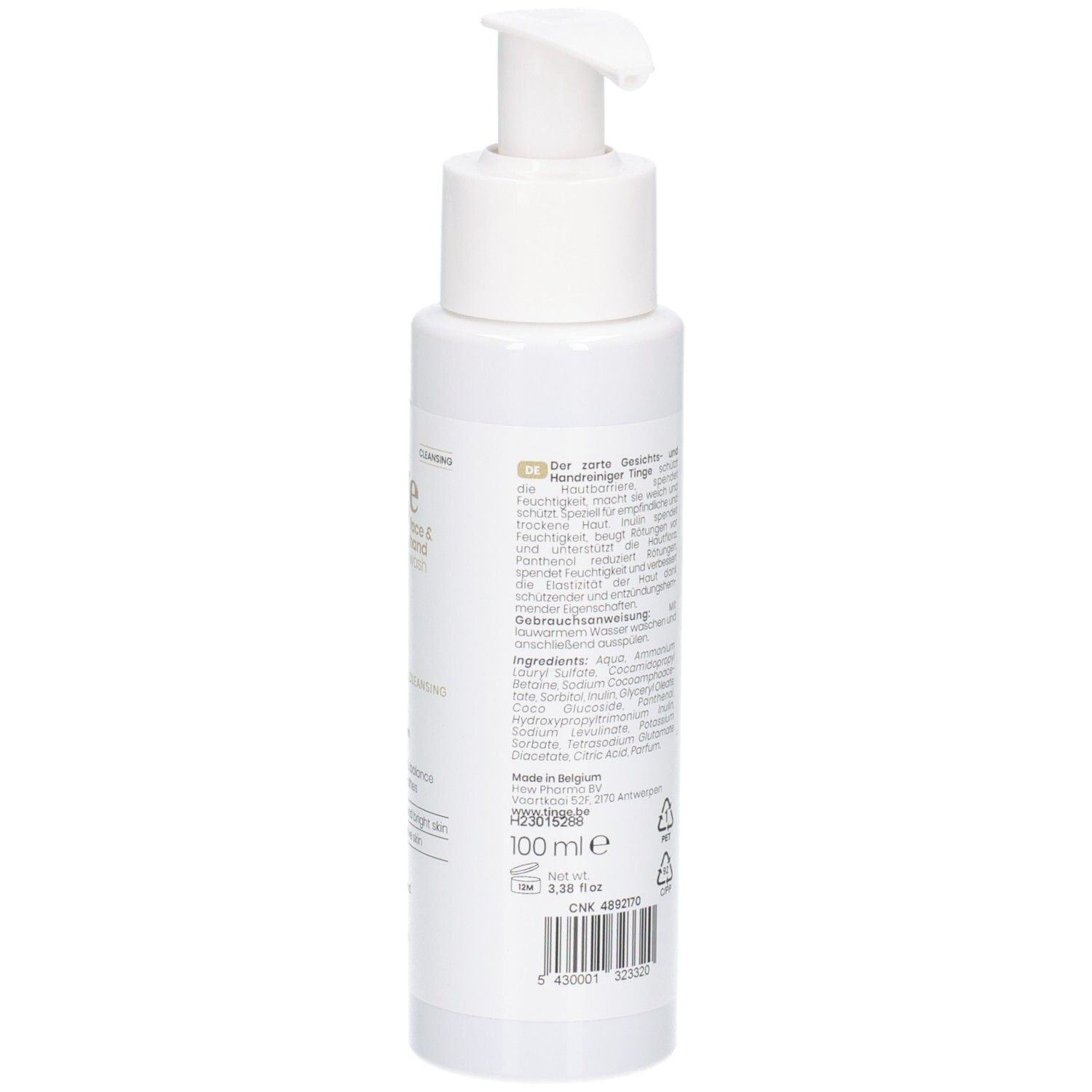 Arrière du flacon blanc Tinge Face & Hand Wash, avec liste des ingrédients.