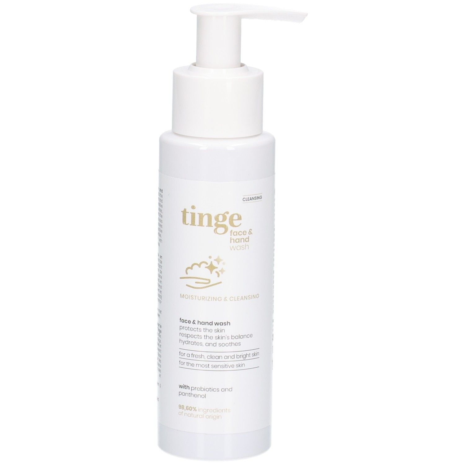 Flacon blanc avec pompe pour Tinge Face & Hand Wash, avec étiquette.