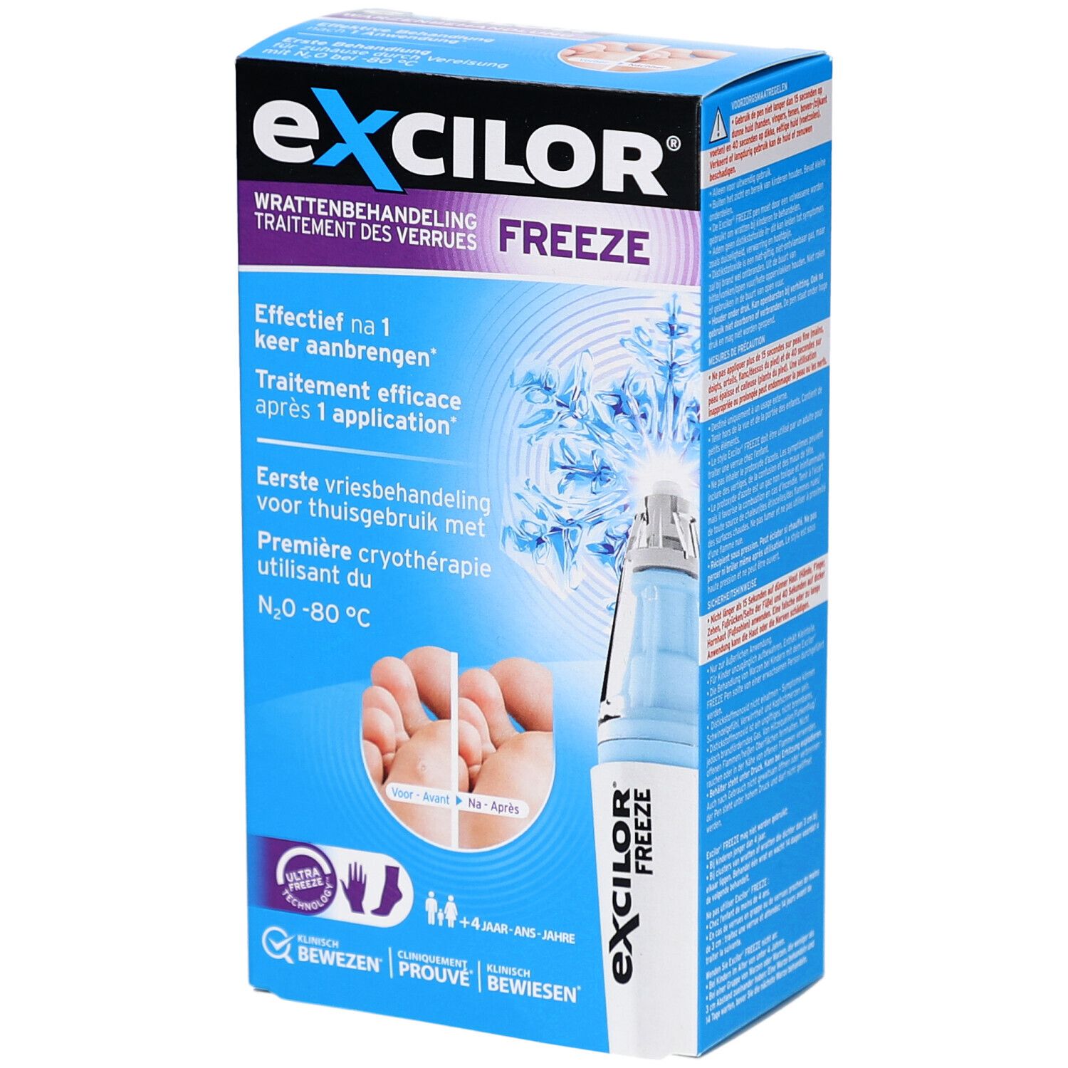 Boîte bleue et blanche Excilor Freeze. Nom et logo en haut. Illustration d'un pied avant et après traitement. Contient N2O.